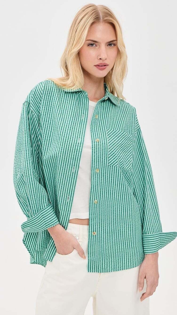 MARINE LAYER Gracey Size S Green Oversized Seersucker Shirt Stripe Layering
